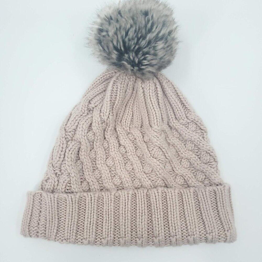 Love & Lore Knitted Pom Pom Beanie Dusty Rose Winter Hat Faux Fur Ribbed